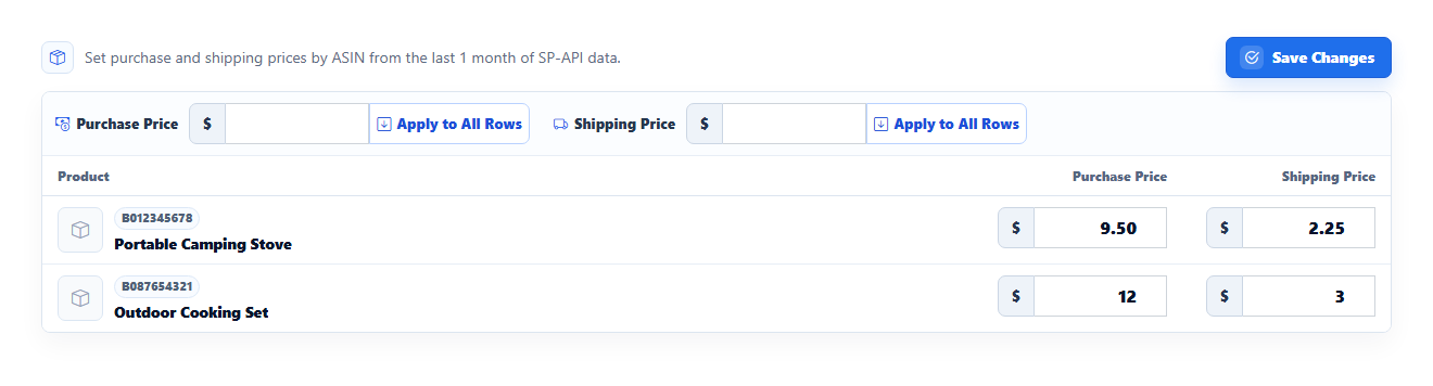 Product Cost Settings