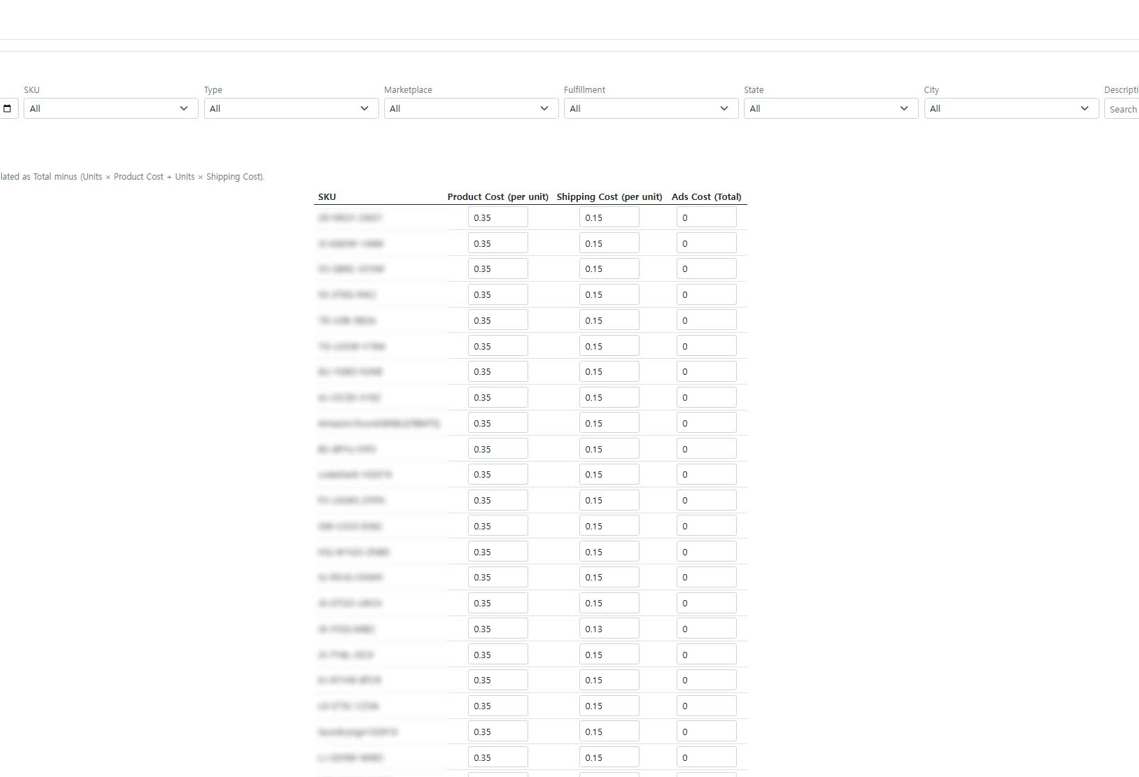Filter the table and enter product, shipping, and ads cost per SKU