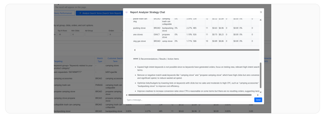 Ask the AI chatbot about new and negative keywords