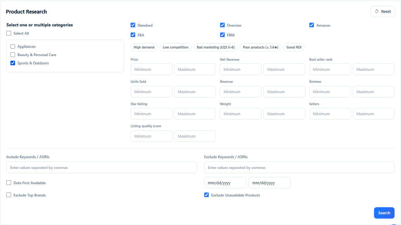 Choose a marketplace and categories