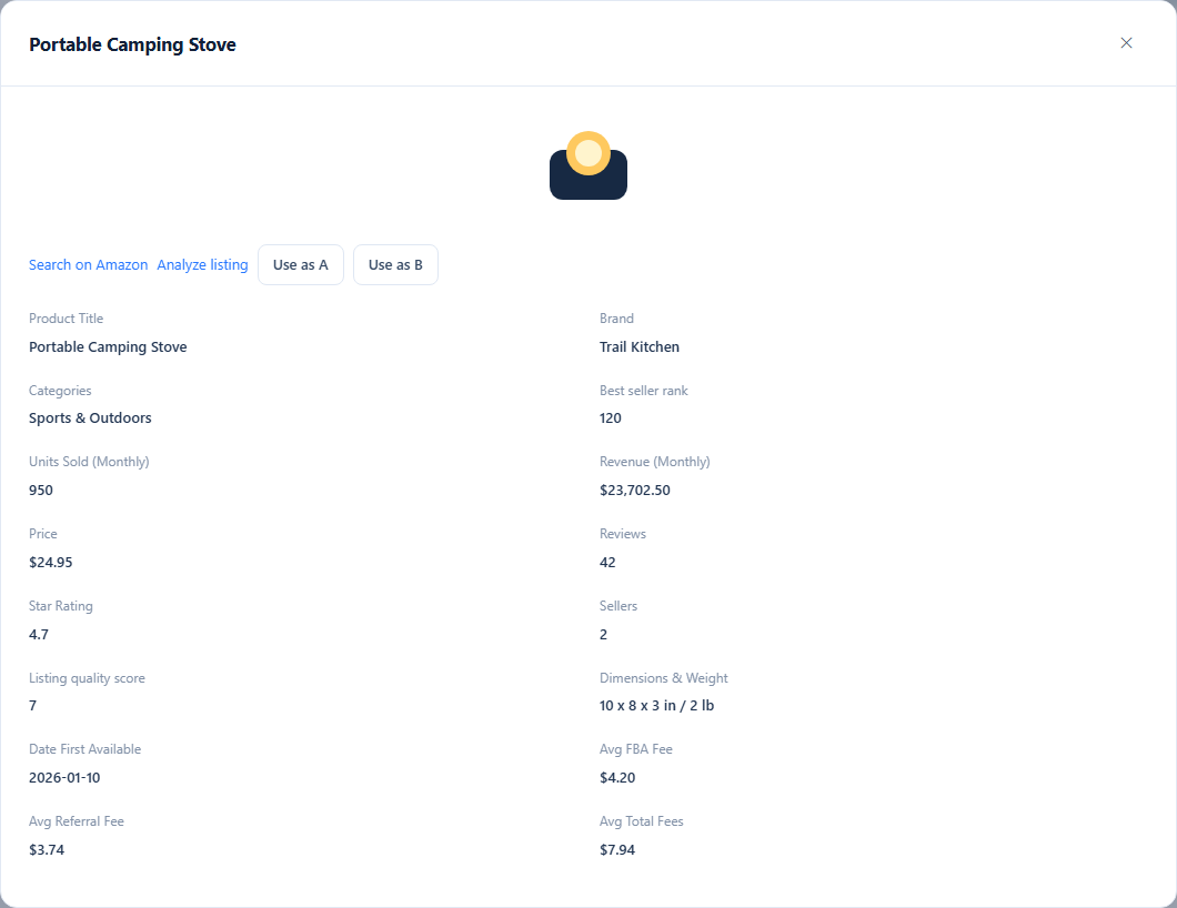 Inspect product details, columns, and exports