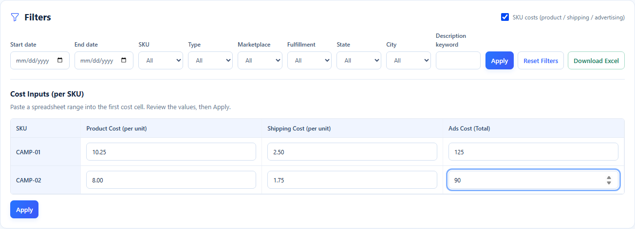Filter the table and enter product, shipping, and ads cost per SKU