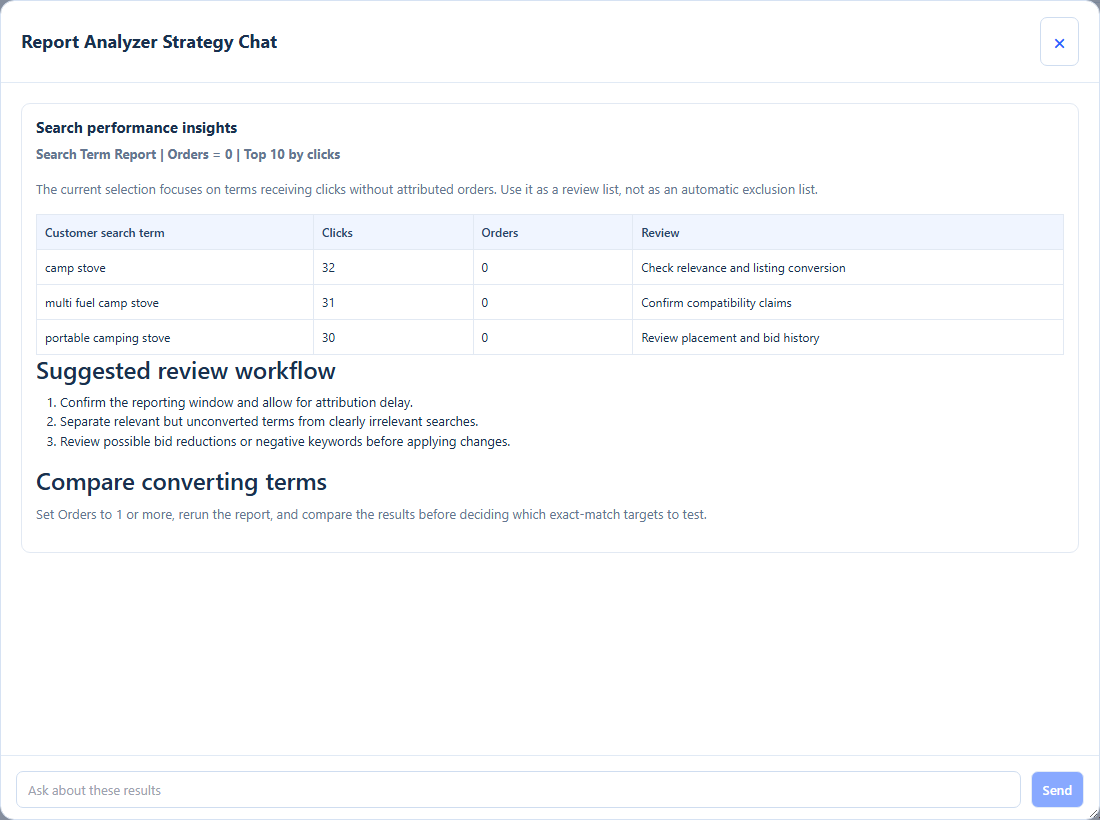 Ask the AI chatbot about new and negative keywords