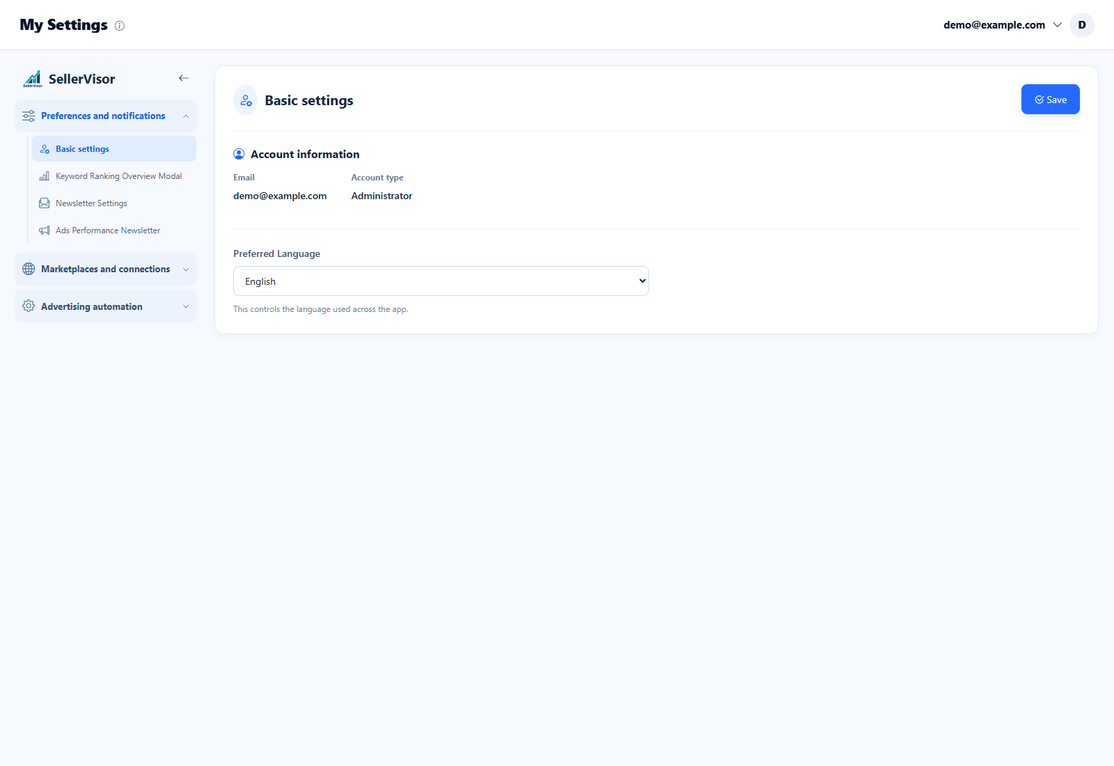 Language — SellerVisor screenshot