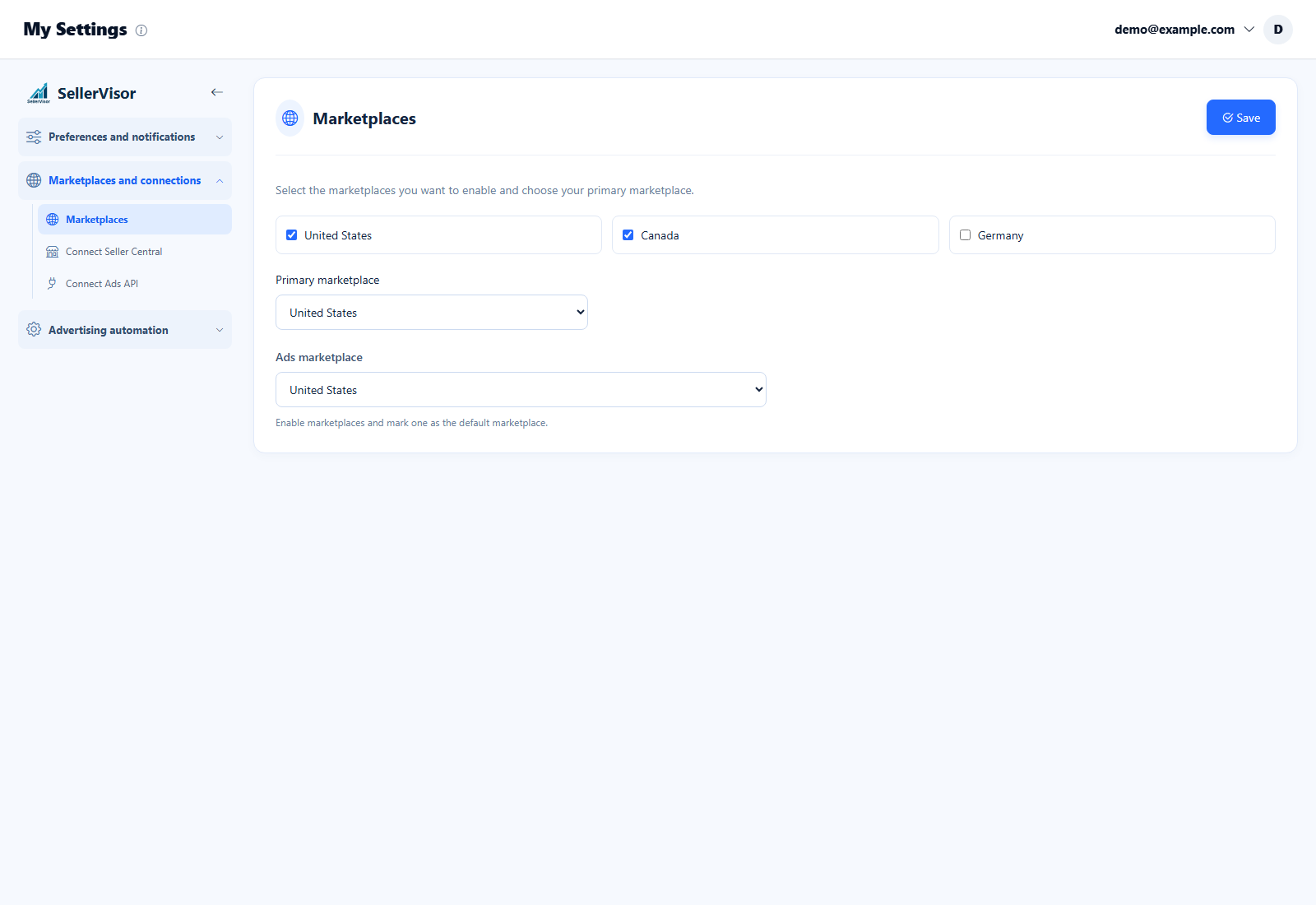 Marketplaces — SellerVisor screenshot