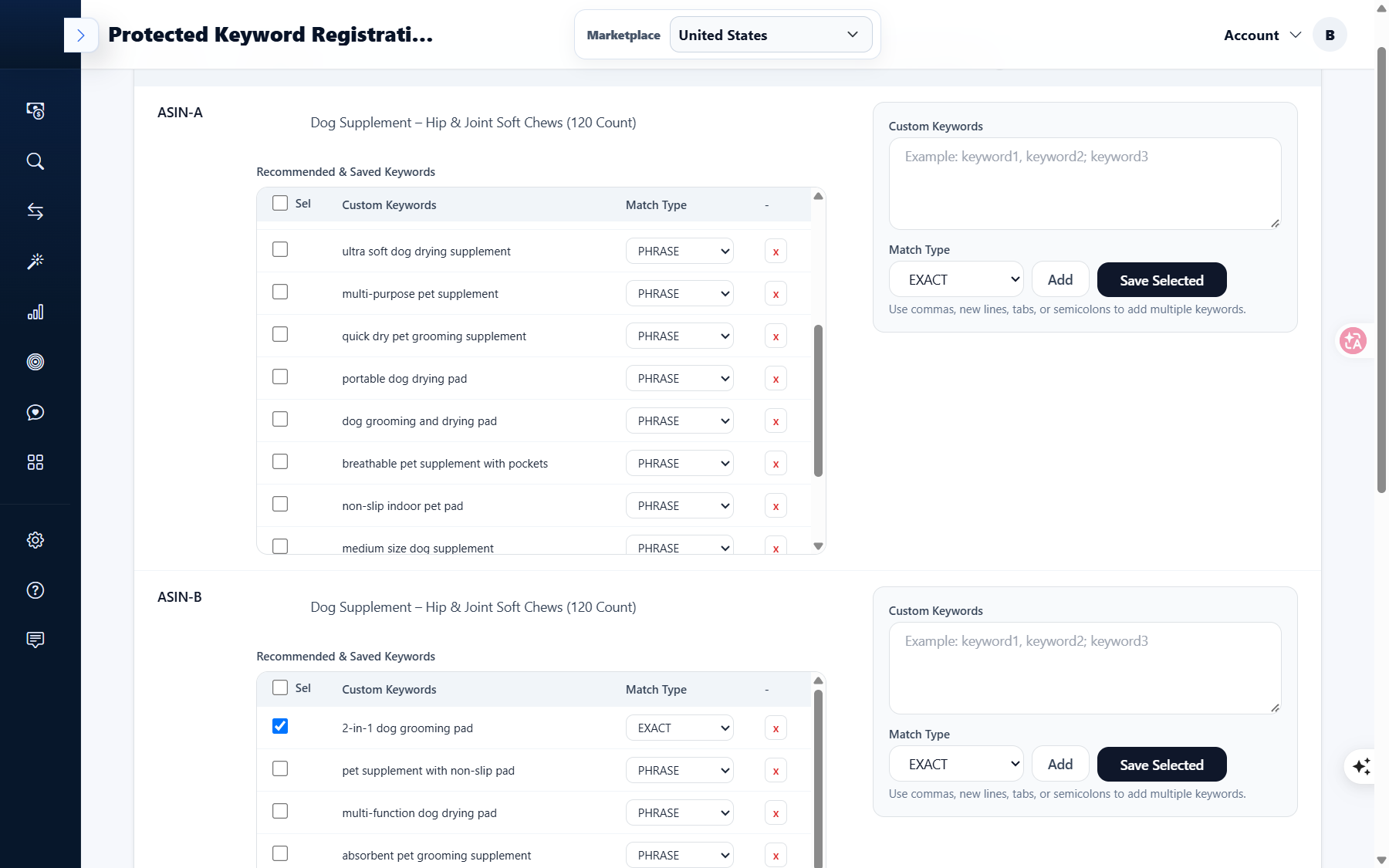 ๋ฑ๋ก ํจ๋: Custom Keywords / Match Type / Add / Save Selected