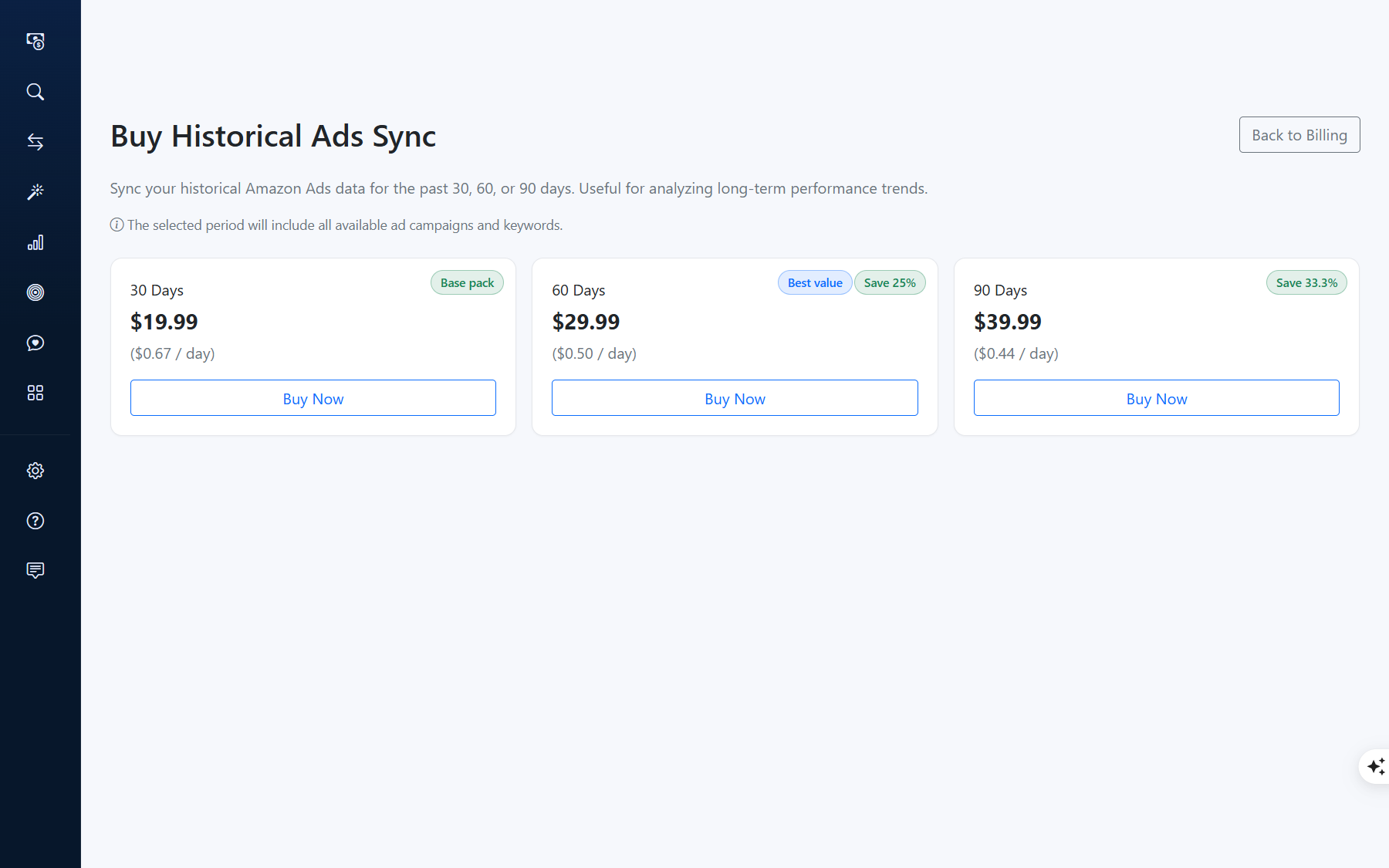 Buy Historical Ads Sync: 30/60/90일 옵션과 하루당 비용