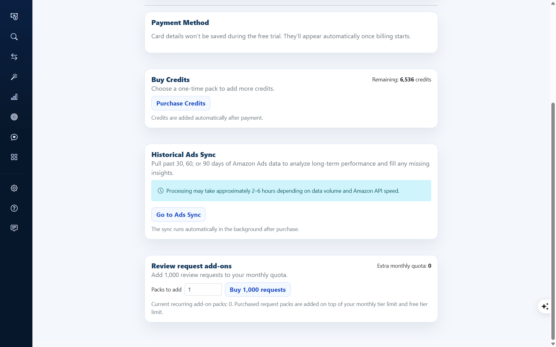 Billing > Historical Ads Sync: 설명·처리 시간 안내·Go to Ads Sync 버튼
