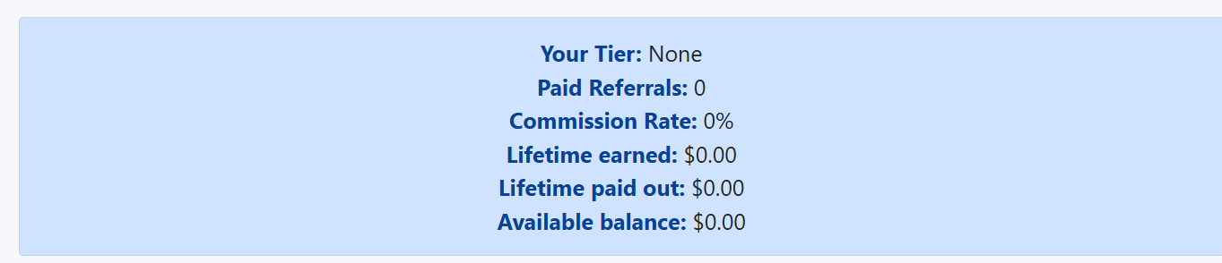 내 현황: Your Tier, Paid Referrals, Commission Rate, Lifetime earned, Lifetime paid out, Available balance