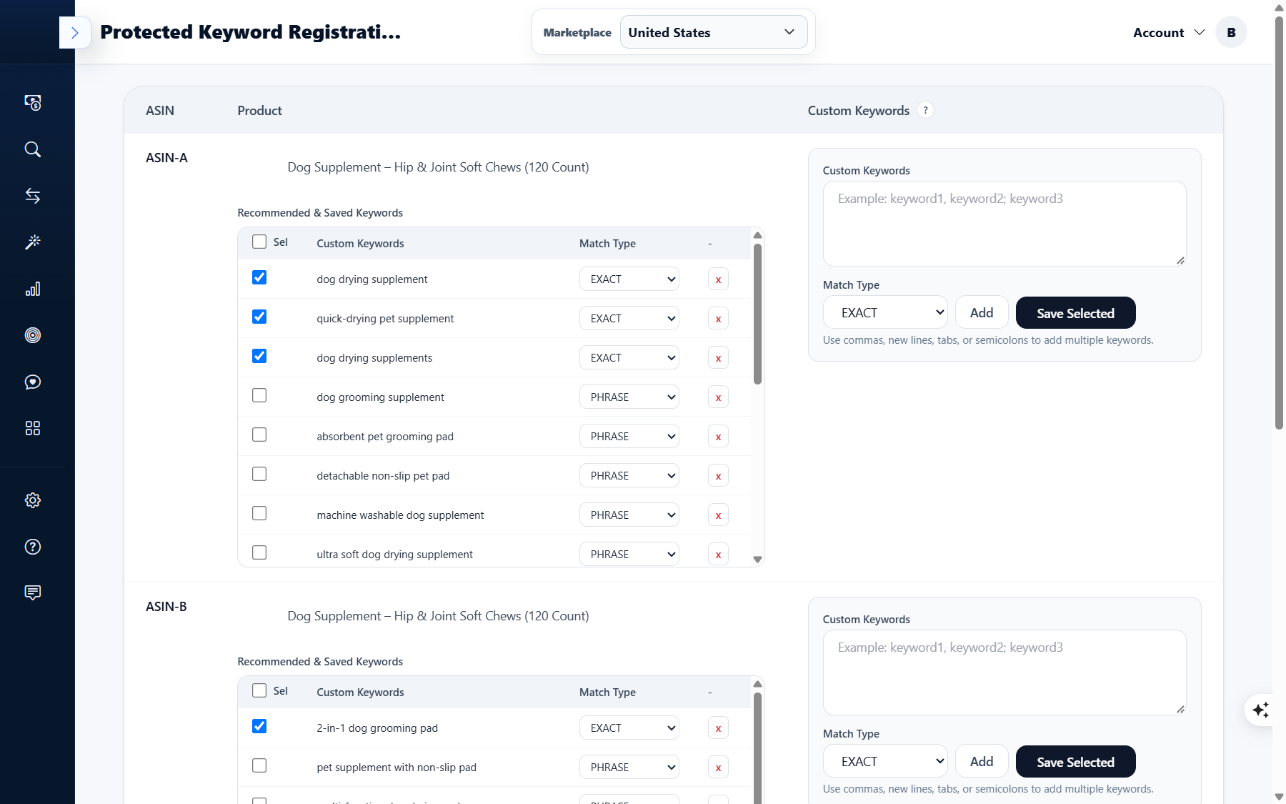 Protected Keyword Registration: ASIN๋ณ ๋ธ๋ก๊ณผ ์ถ์ฒยท์ ์ฅ ํค์๋ ๋ชฉ๋ก