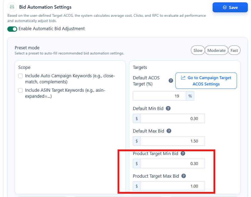 Product Target Bid Control Enhancement